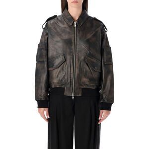 SWORD Distressed Leather Bomber Jacket Women VINTAGE BLACK Coats & Jackets